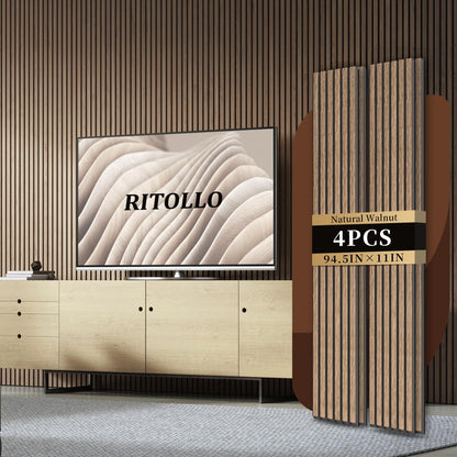 RITOLLO 4-Piece Wood Slat Panels for Wall 94.5"×11" Acoustic Panels for Interior Wall Decor 3D Fluted Sound Absorbing Panel - Natural Walnut
