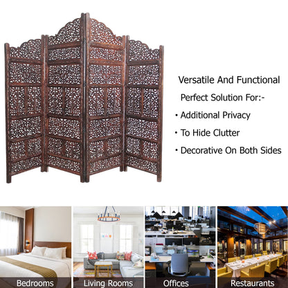 Room Divider Wood Screen - Mahanadi Antique Brown - 4 Panel Folding 72x80 - Wooden Hand Carved Screen Decorative Functional Versatile - Small Spaces Reversible Privacy Partition - COTTON CRAFT