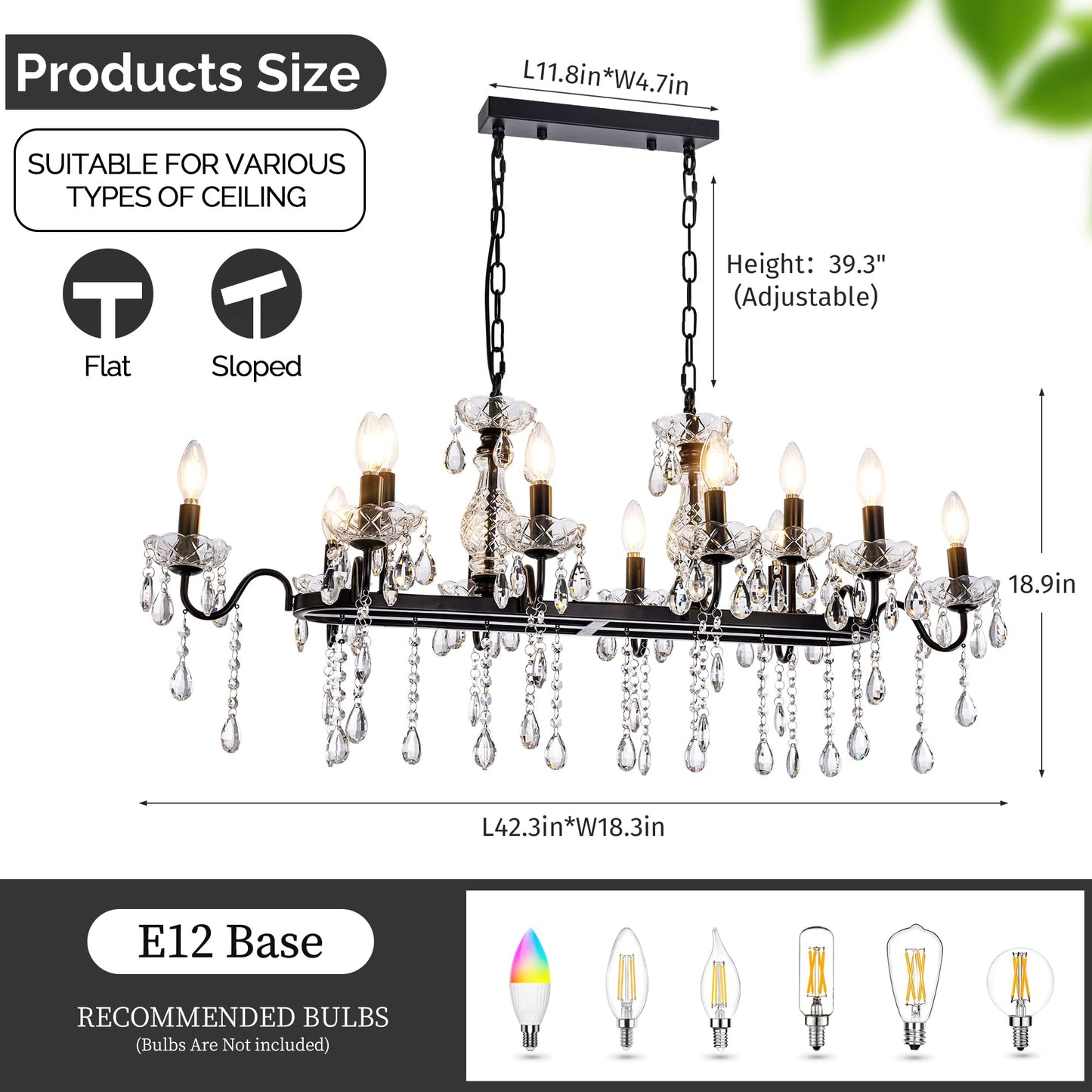 TOCHIC Modern Farmhouse Chandelier for Dining Room, 42" Black Crystal Chandeliers Kitchen Island Lighting Ceiling Pendant Light Fixture for Living Room Bedroom Kitchen Hallway Bar, 12 Lights