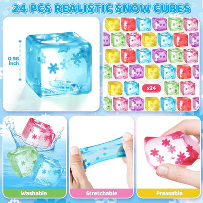 Valentines Day Cards Gifts for Kids School, 24 Pack Snow Cube Squeeze Balls with Greeting Cards for Kids Classroom Exchange Prizes, Stretchy Toy Balls Bulk Gift, Squeeze Fidget Toy for Party Favors