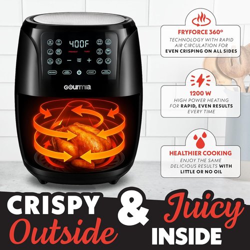 Gourmia Air Fryer - 6 Qt Large Capacity with FryForce 360º & Digital Display | 12 Cooking Presets, Black