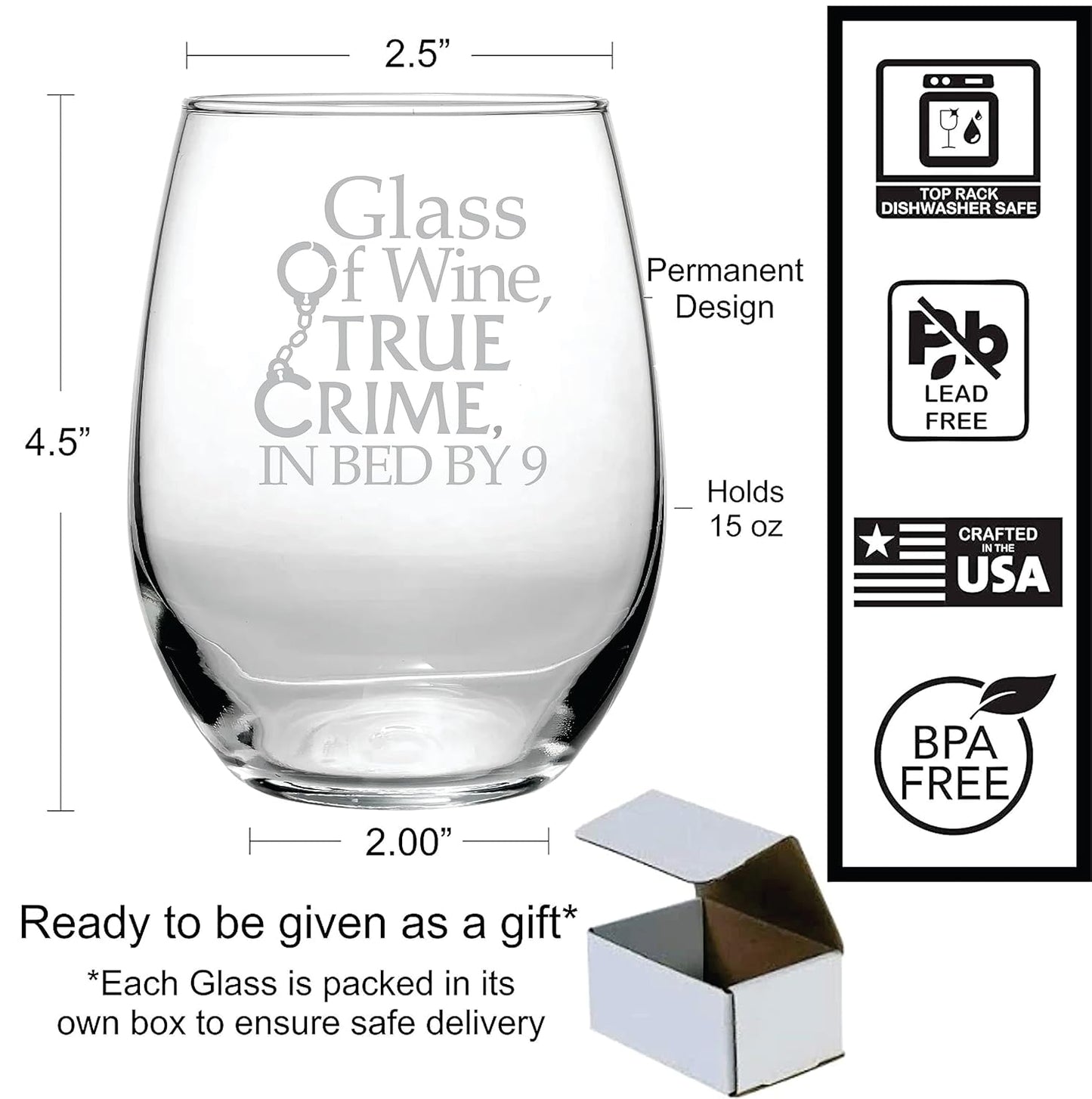 Funny Birthday Wine Glass Gift, 15 oz Glass of Wine, True Crime Theme for Detective Fans, High Quality Women's Gifts