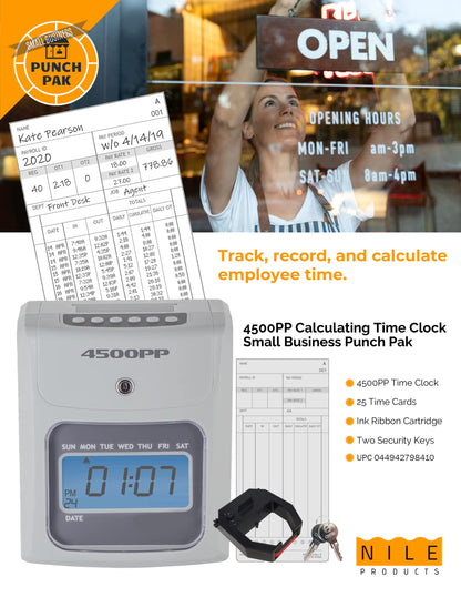 Nile Products - 4500PP Electronic Calculating Time Clock, Employees in/Out Time Tracker, Small Business Punch Pack Bundle Includes: 25 Time Cards,1 Ink Ribbon and 2 Security Keys