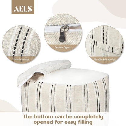 18"x18"x18", AELS Unstuffed Farmhouse Pouf Cover for Living Room, Boho Storage Bean Bag Cubes, Beige with Black Stitch