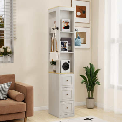 Havemies 73 Inch Media Storage Cabinet with Integrated Organization System, Antique White Slim Design Features 3 Drawers and Hooks for CD DVD and Game Console Display