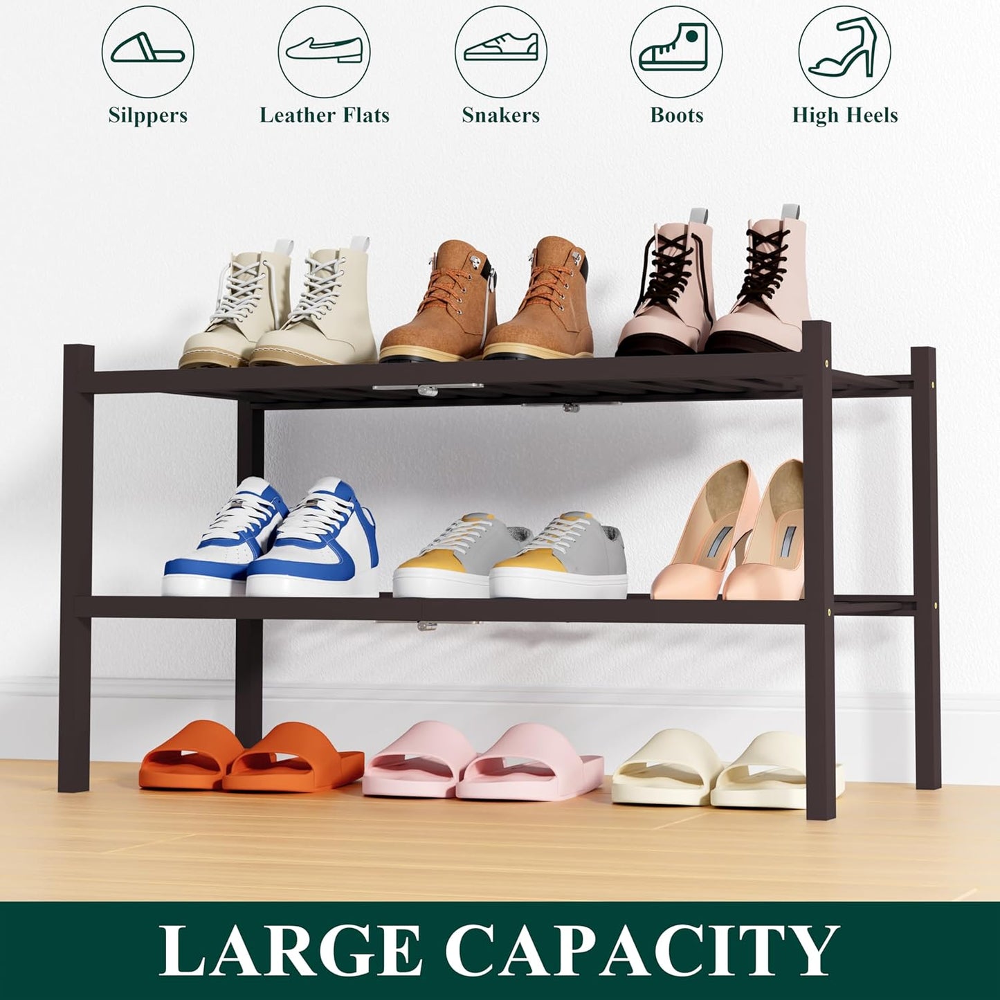 2 Closet, Smiry Shoe Rack, Tier Thick Bamboo Shoe Organizer, Stackable Free Standing Wooden Shoe Storage Shelf