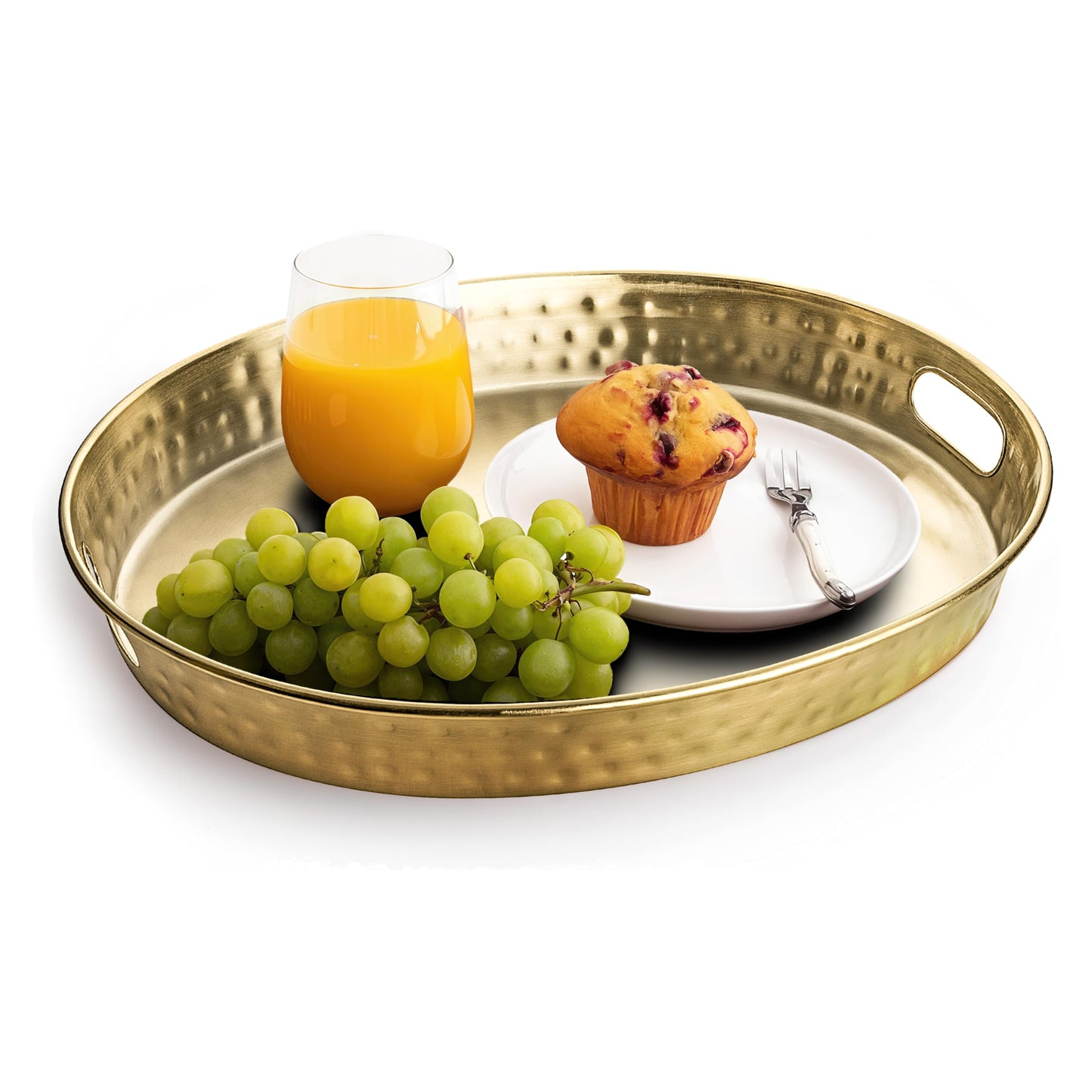 Monarch Abode Serving Tray with Handles – 17-Inch Hand Hammered Metal Platter for Living Room, Brushed Gold Finish Large Ottoman Tray Accent for Coffee Table, Tea & Food Serving Dish for Party