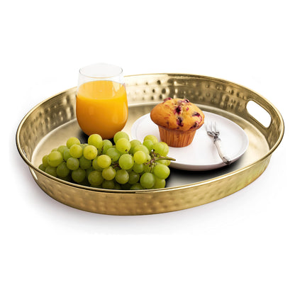 Monarch Abode Serving Tray with Handles – 17-Inch Hand Hammered Metal Platter for Living Room, Brushed Gold Finish Large Ottoman Tray Accent for Coffee Table, Tea & Food Serving Dish for Party