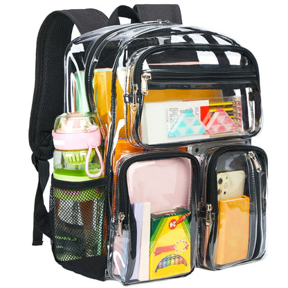 Vorspack Clear Backpack for School - Heavy Duty See Through Bookbag for Girls Boys Large Transparent Backpacks for Work, Travel, Festival - Black
