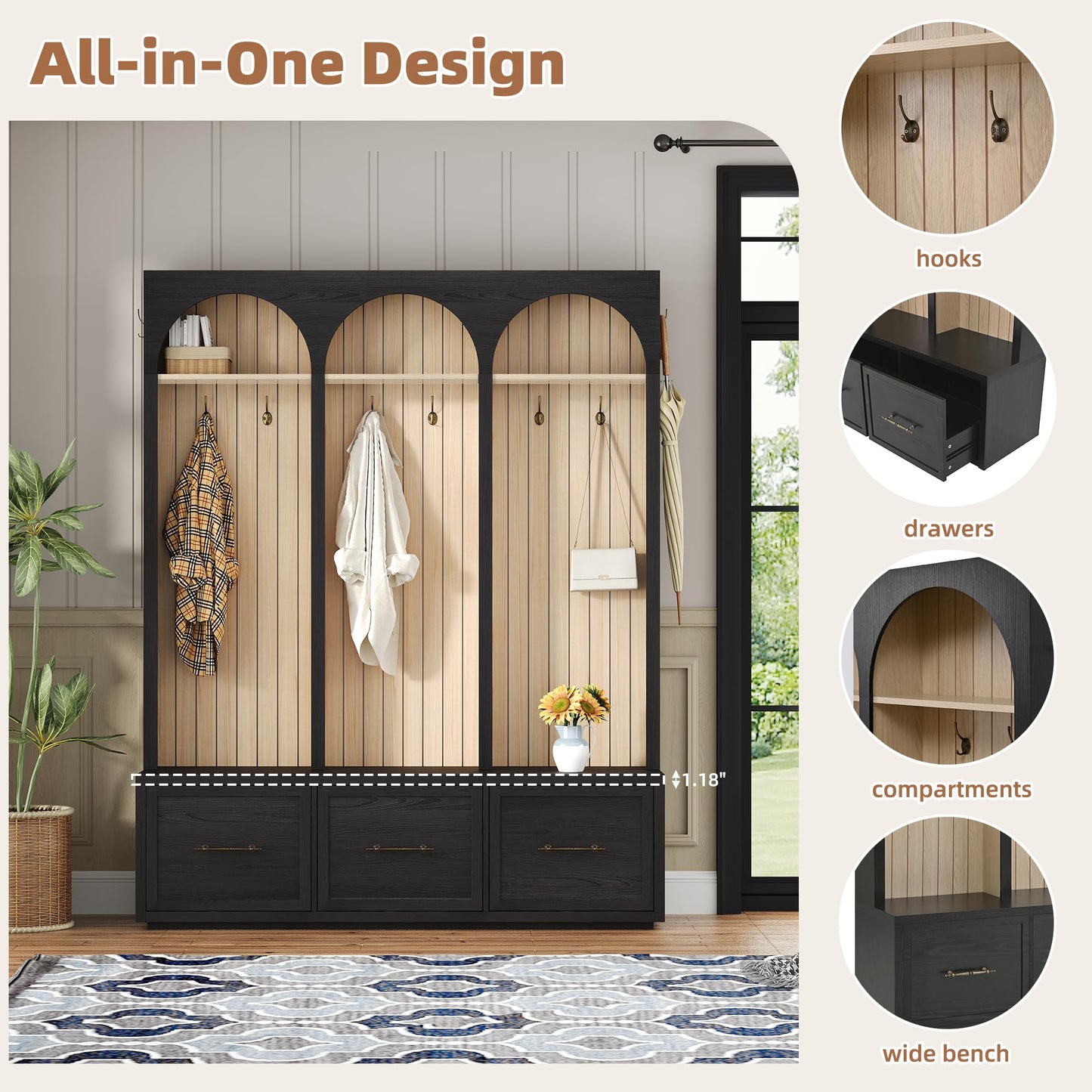 Ball & Cast Farmhouse Hall Tree with Bench, 59" Entryway Storage Bench with Arched Design, 8 Metal Hooks, 3 Drawers Shoe Organizer, Wooden Style Coat Rack for Living Room, Black