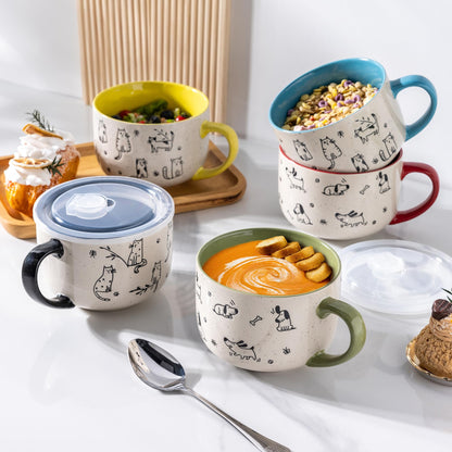 AmorArc 32 Ounces Ceramic Soup Mugs with Lids and Handle, Stoneware Bowls Cup Set of 2 for Soup, Stew, Noodle, Beautiful Mug Bowls With Lovely Dog,Cat Patterns, Microwave&Dishwasher Safe, Olive