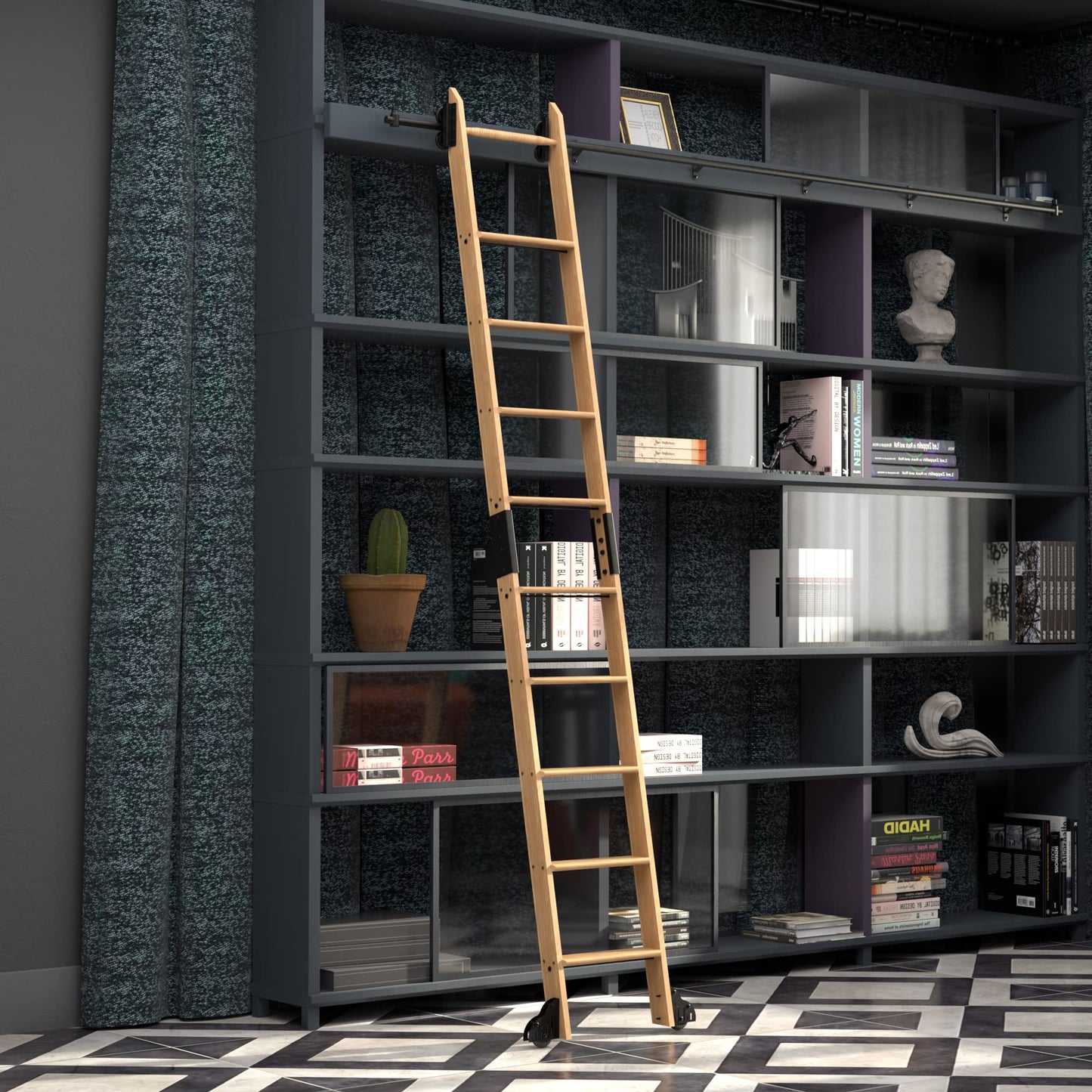 Quite Guide Library Ladder Kit Wooden Ladder 8 Foot 9 Foot 10 Foot Red Oak Unassembled (10 Foot)