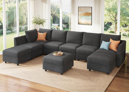 HONBAY Modular Sectional Sofa with Storage, U Shaped Couch Modular Convertible Sectional Couches for Living Room - Snowflake Velvet Grey