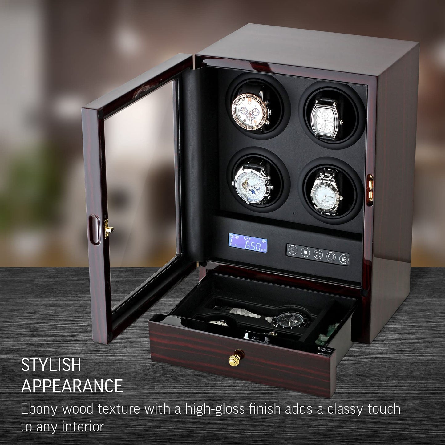 Automatic Watch Winder with LED Light, Storage Drawer and LCD Touchscreen Control (Ebony)