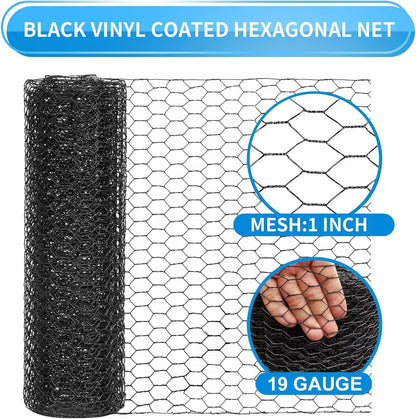 DOLEMODUO 12'' 150' 19 1 inch x Black Chicken Wire Mesh Fence, Gauge Galvanized Poultry Netting and Garden Mesh Fence