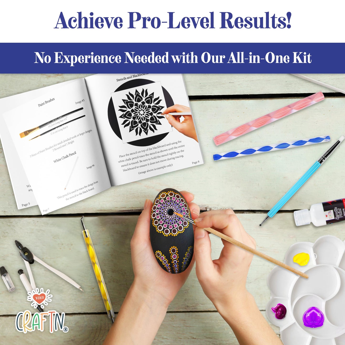 Complete Beginner's Mandala Painting 46 Piece Kit with Acrylic Paints, Reusable Stencils and Dotting Tools. Fun Rock Art & DIY Craft Project. Starter Activity Pack and Gift for Teens, and Adults