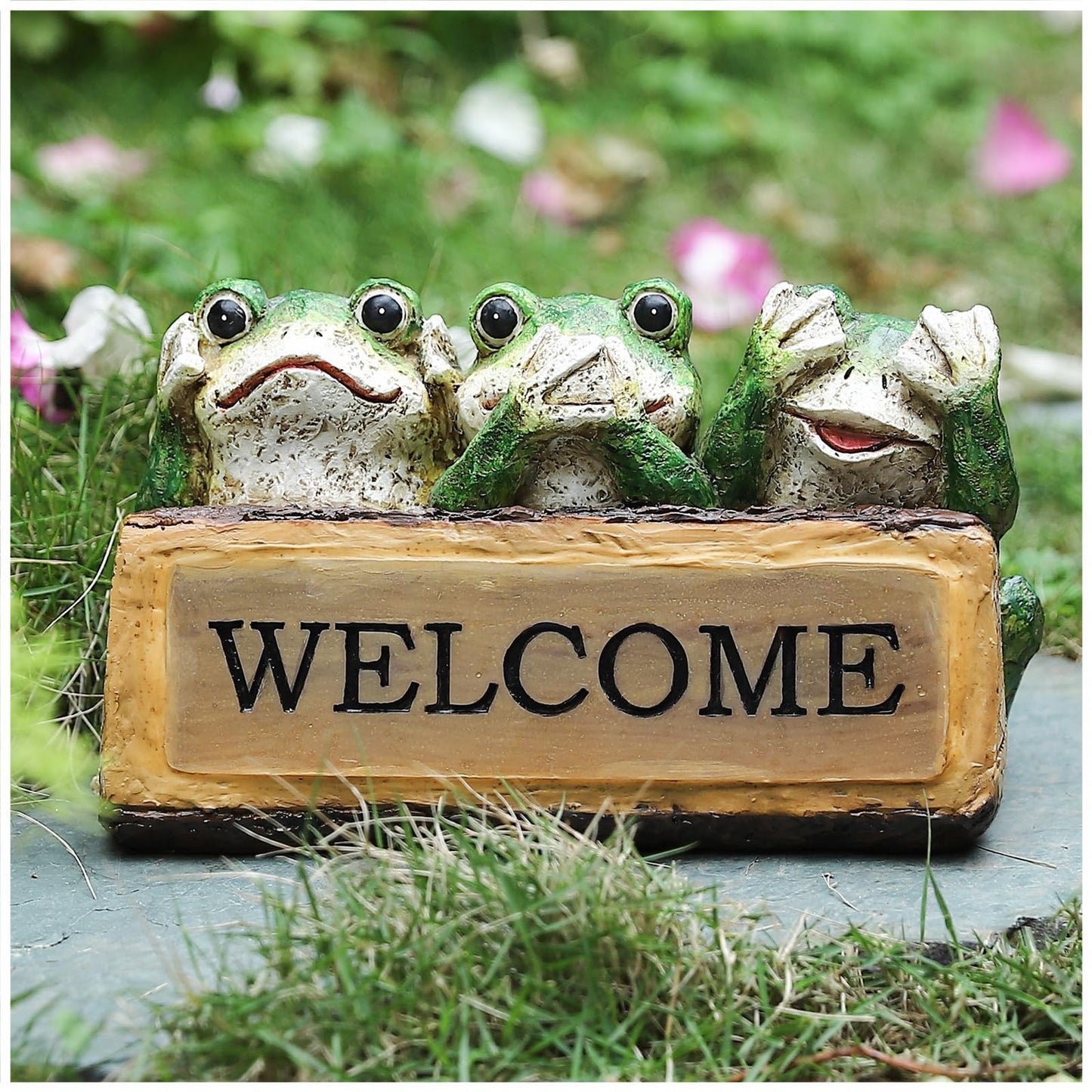 10.43"W Miniature Frog Solar Garden Statue, Three Wise Frogs Resin Lighted Welcome Sign, Outdoor Fairy Garden Accessories, Housewarming Gift for Patio, Yard, Porch, Entryway, Balcony, Lawn Ornament