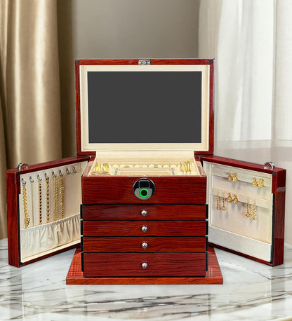 SYENS Jewelry Box Wood Jewel Organizer with Fingerprint Lock Safe, 7-Layer Large Locking Jewelry Storage Box with Necklace Hanger for Women Mens Gift (5L-RS)