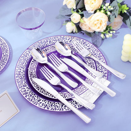 Norme 350 Pcs Purple Silver Plastic Dinnerware Set for 50 Guests Includes 50 Dinner Plates 10.2", 50 Plates 7.5", 150 Silverware Set, 50 Plastic Cups and 50 Napkin Disposable Plate for Wedding