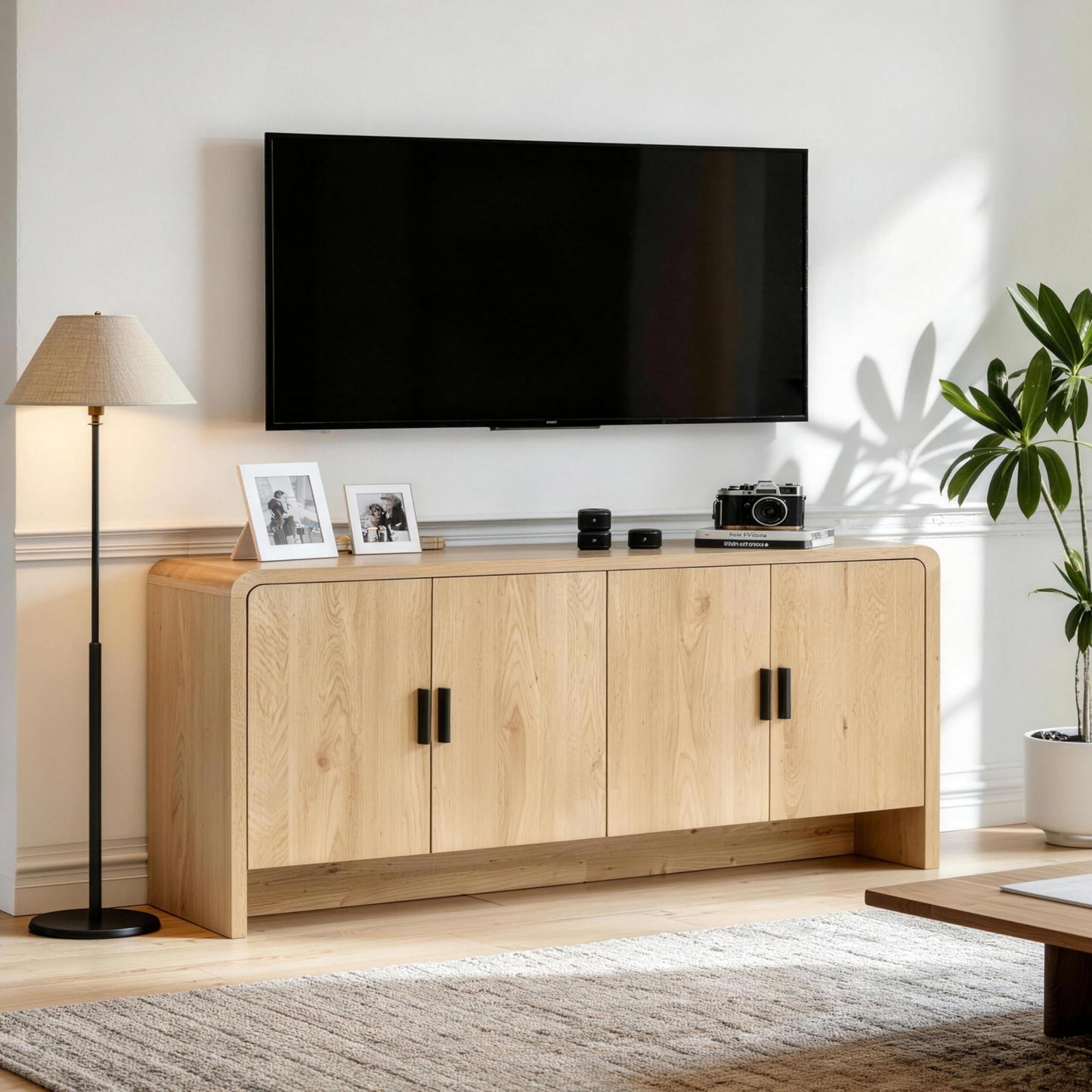 Finnhomy 68'' Sideboard Buffet Cabinet with Storage, Curved Design Credenza Storage Cabinet with 4 Doors, Console Cabinet for Kitchen, Living Room & Hallway, Natural