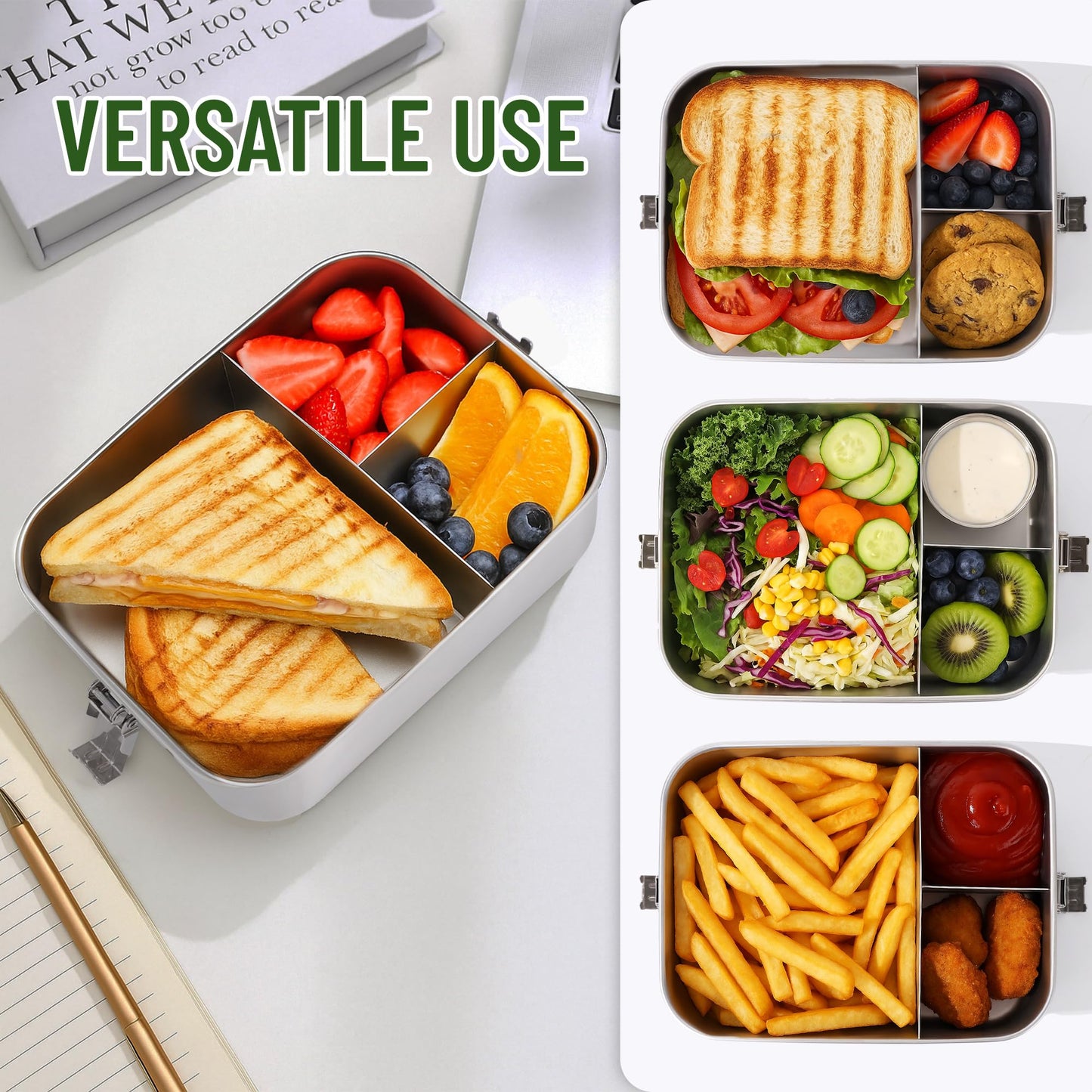 NAYELF Bento Box for Kids, 1.5L/50oz Stainless Steel Snack Containers with 3 Compartments, Lockable Clip Kids Lunch Box, Eco-Friendly, Leak-proof, Dishwasher-Safe for Home, School, Travel