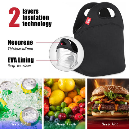 yookee home Waterproof Lunch Bag Double Layer Leakproof Neoprene Insulated Lunch Bag Freezable Black Reusable Thermal Lunch Cooler Tote Lunch Box for Boys Men Women Adult Kids for Work Outdoor