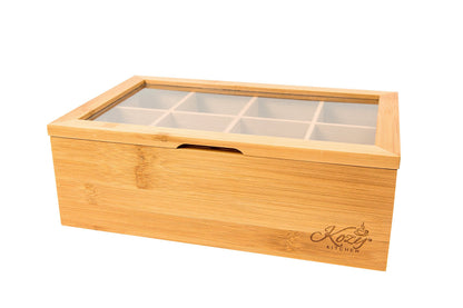 Kozy Kitchen Bamboo Tea Box Storage Organizer, 100% Natural Wooden Finish Tea Bag Organizer 8 Storage Compartments and Clear Shatterproof Hinged Lid