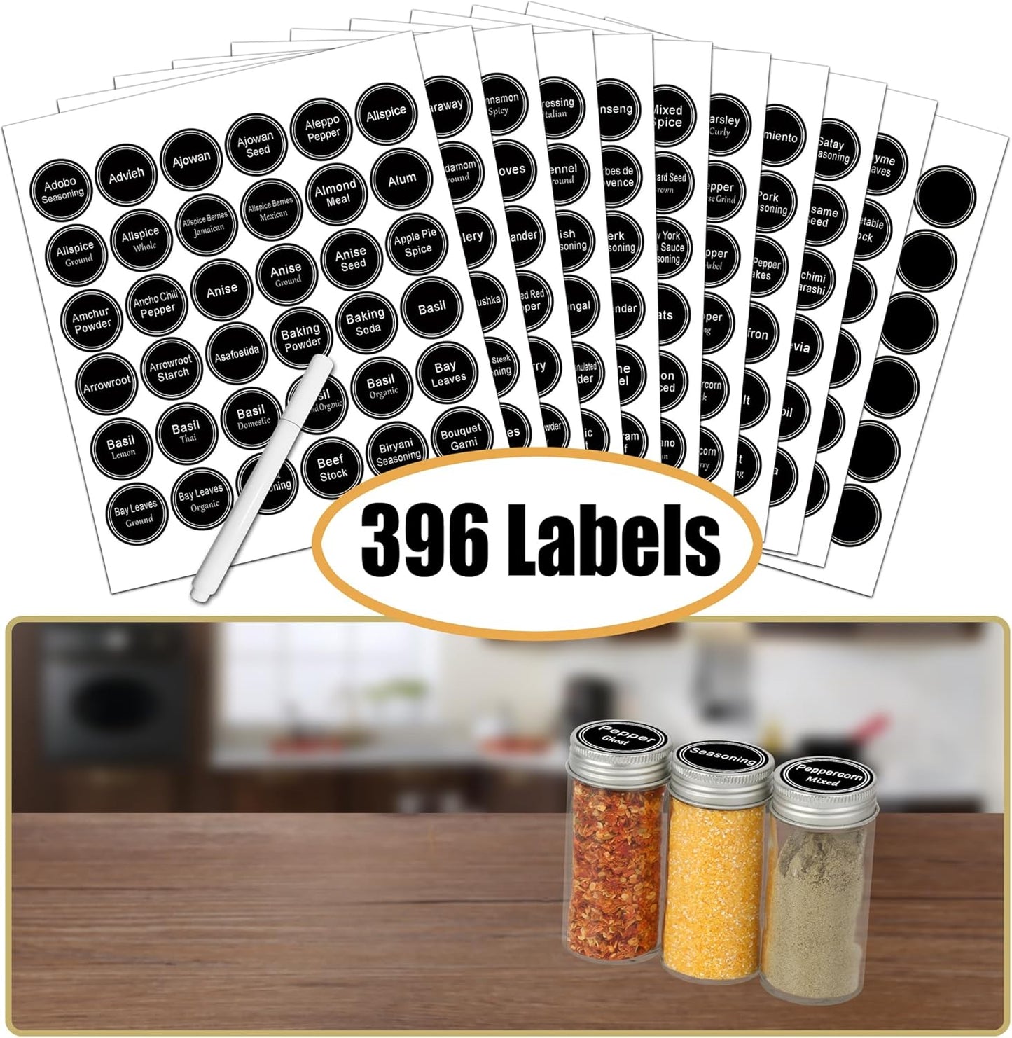SWOMMOLY 3 Tier Spice Rack Organizer with 24 Empty Round Spice Jars, 396 Spice Labels, Funnel and Chalk Marker