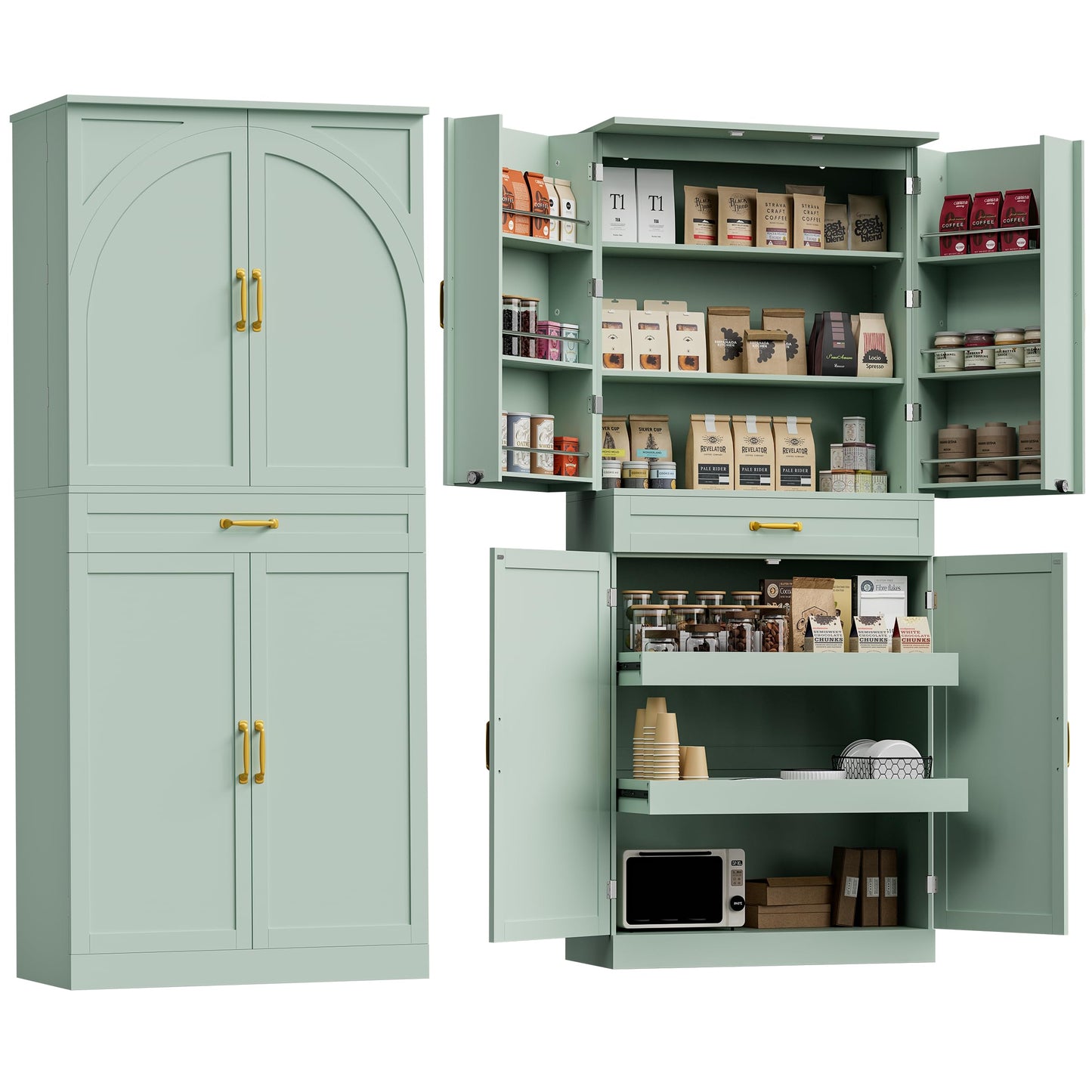 HQZX 71’’ Tall Kitchen Pantry Cabinet, Pantry Storage Cabinet with 6 Doors Shelves, Large Drawer & 2 Pull Out Shelves, Freestanding Cupboard for Kitchen, Dining Room, Green