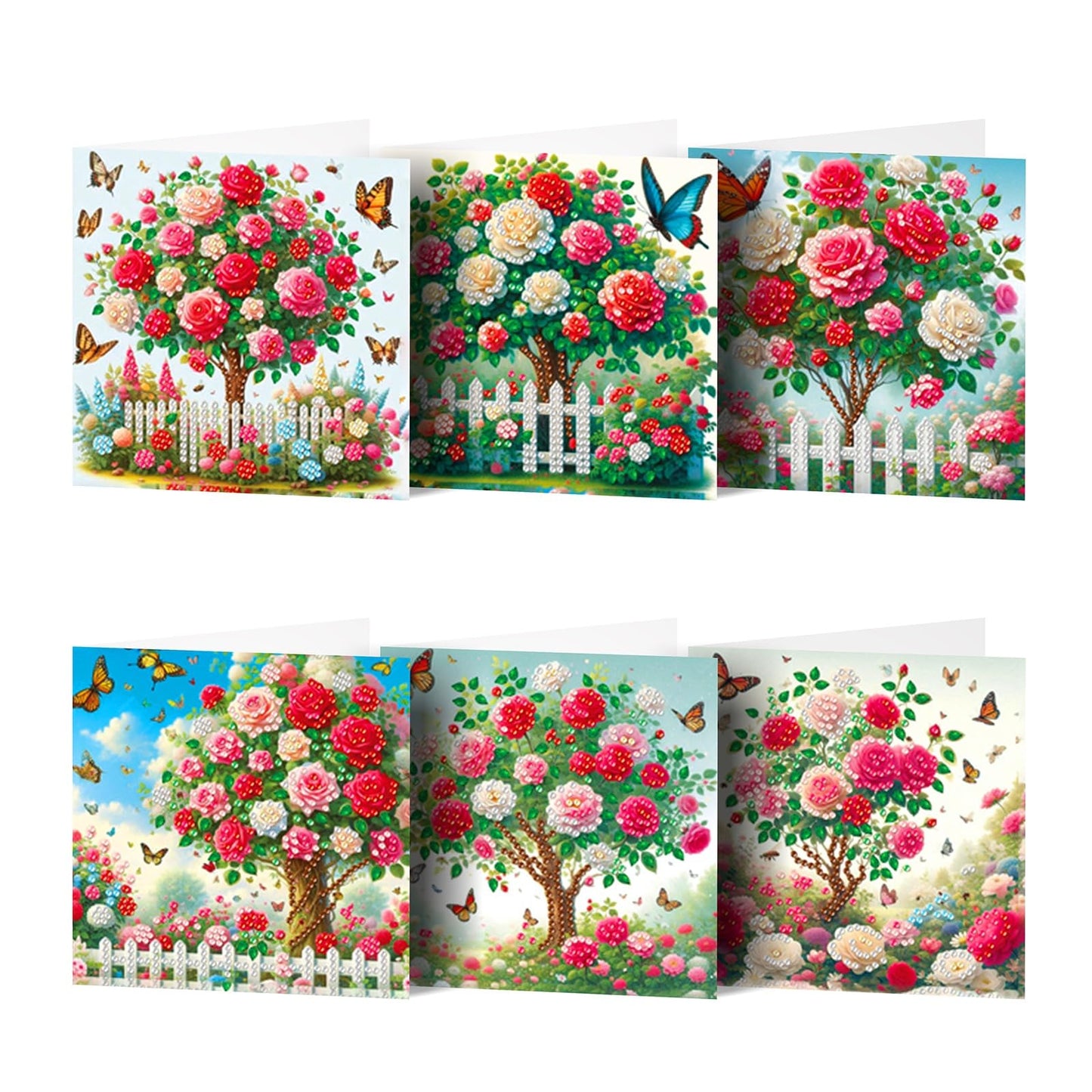 pigpigboss 6 Packs Rose Diamond Painting Greeting Cards Kit, Butterfly Rose Tree Garden Diamond Art Birthday Card with Envelope for Adult Beginner Holiday Blessing