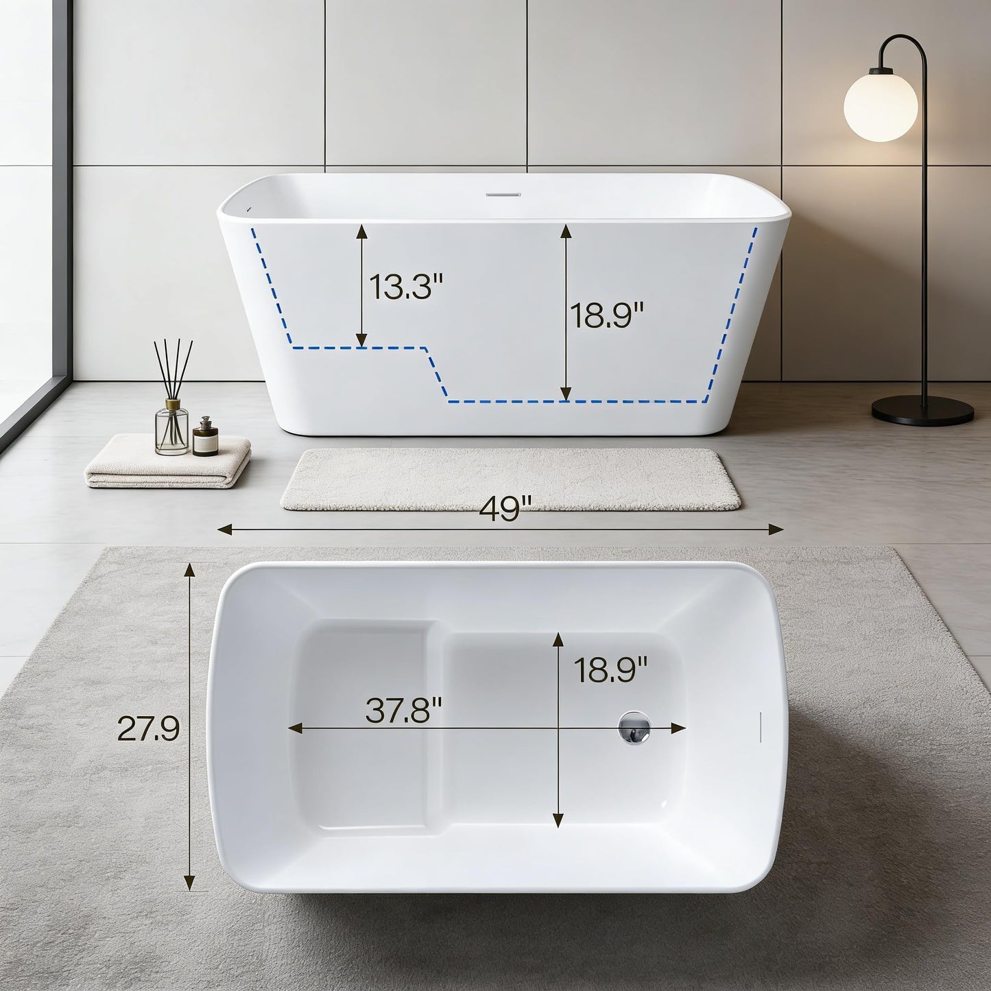 59" Free Standing Tub, Acrylic Freestanding Bathtub, Modern Soaking Tub with Integrated Overflow and Drain, White Bathroom Fixture, Stand Alone Bathtub, cUPC Certified (Pure white, 49 Inch)