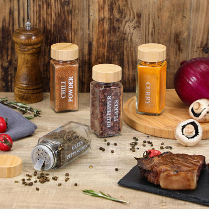 24 4 oz NETANY Pcs Glass Spice Jars with Bamboo Lids, Glass Jars with Minimalist Farmhouse Spice Labels Stickers