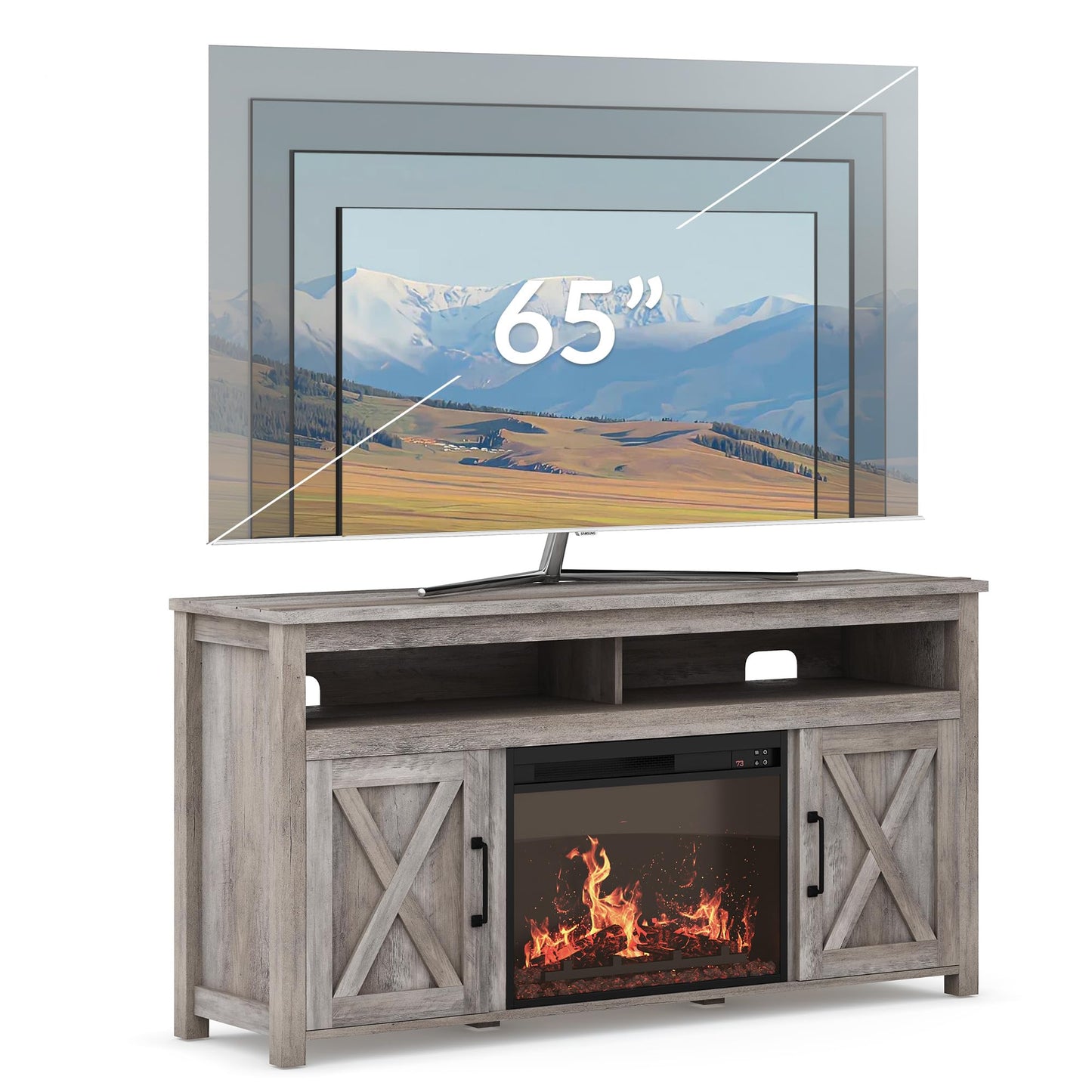 BELLEZE 58" Farmhouse Fireplace TV Stand for TVs up to 65", 23" Electric Fireplace Heater with Sound, Entertainment Center Media Console Table Barn Door Storage Cabinets for Living Room -Gray
