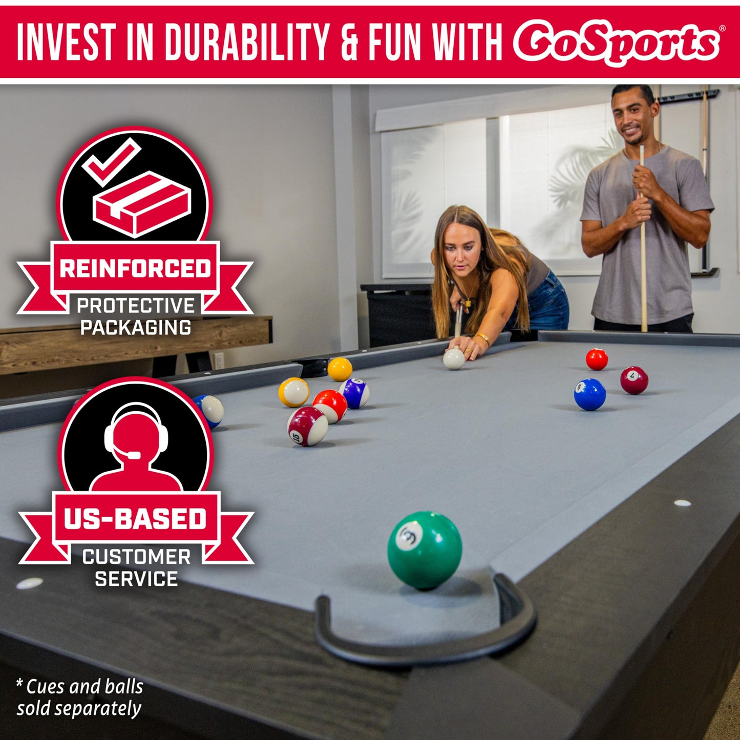 GoSports 8 ft Pool Tables with Wood Finish - Billiards Game Room Table for Adults & Family - Accessories Not Included - Gray