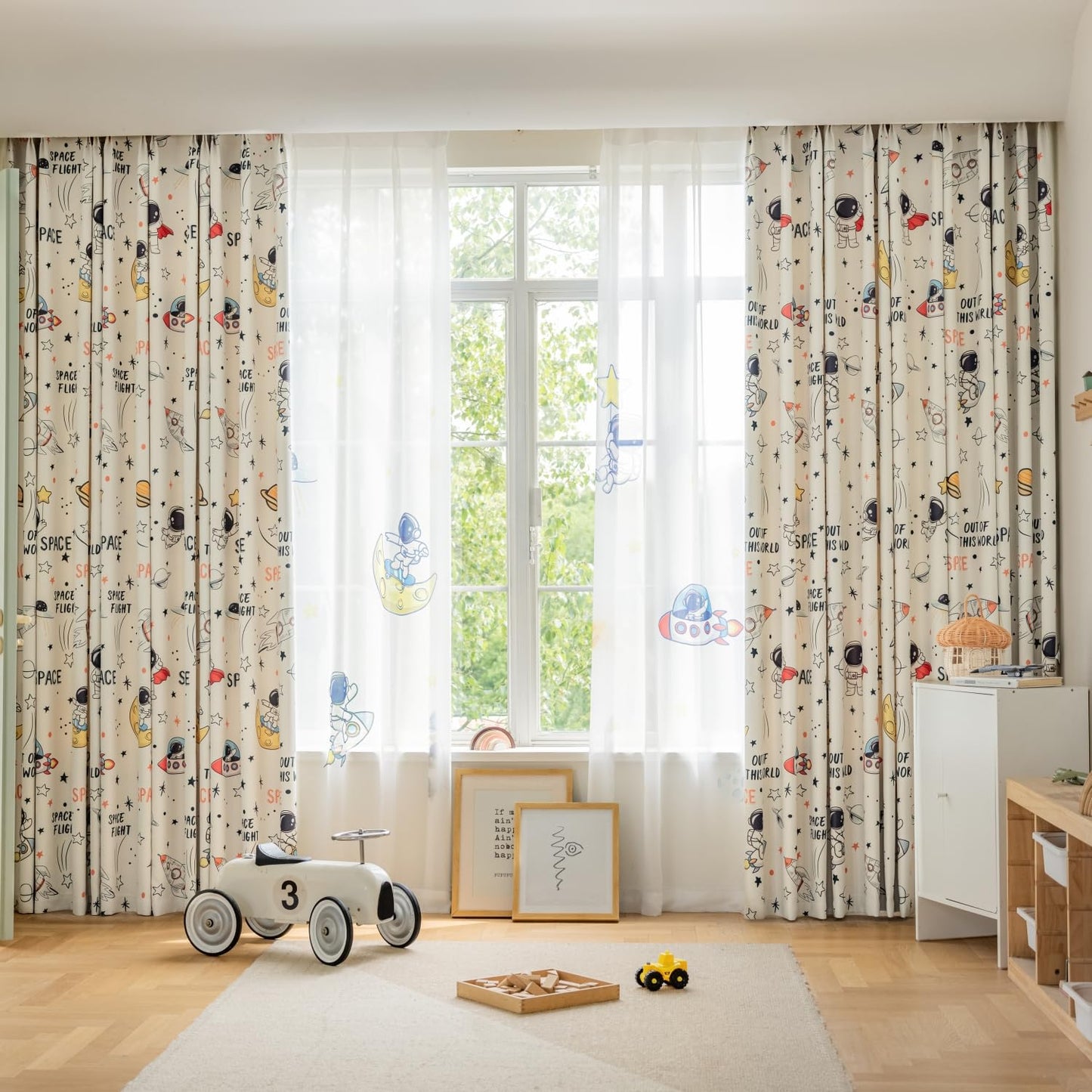 Cartoon Astronaut Semi Blackout Curtains for Kids Room Nursery Space Planets Patterns Printed Drapes for Bedroom Living Room Privacy Room Darkening Window Treatment Grommet Top 1 Panel W42 x L63 Inch