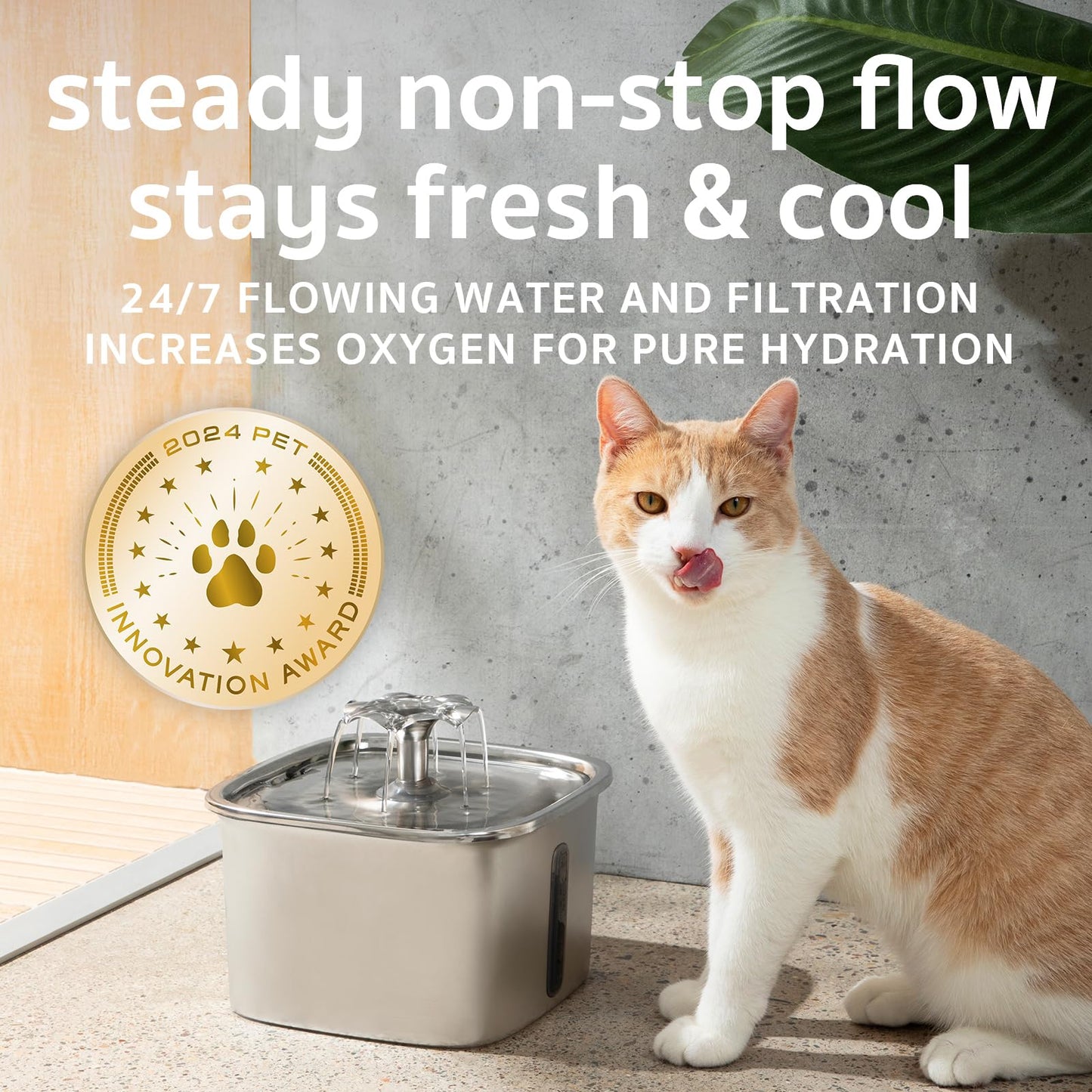 Veken Innovation Award Winner Stainless Steel Cat Water Fountain, 95oz/2.8L Automatic Pet Fountain with 3 Replacement Filters & 3 Pre-Filter Sponges & Silicone Mat for Cats, Dogs (Silver)