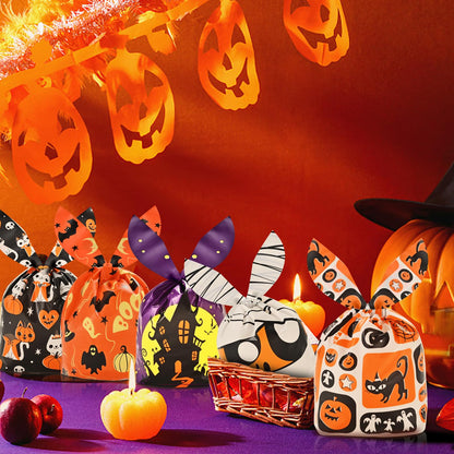 AhfuLife 120 PCS Halloween Treat Candy Bags, 6 Designs Halloween Goodie Bags for Trick or Treat, Small Cute Rabbit Ears Snack Bags for Party Supplies Favors