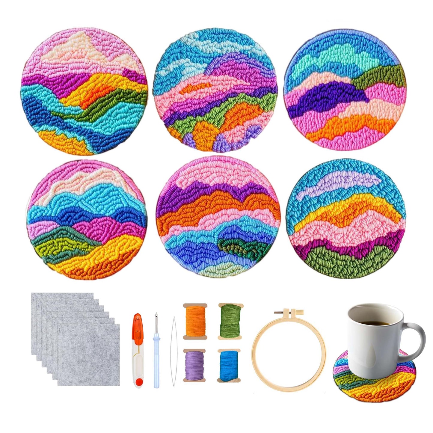 Starter Needle Coasters Kit, Punch Needle Embroidery DIY Set for Beginners Adults, Easy Coasters Kit with Adhesive Felt, Yarns, Embroidery Hoop (Colorful Mountain)