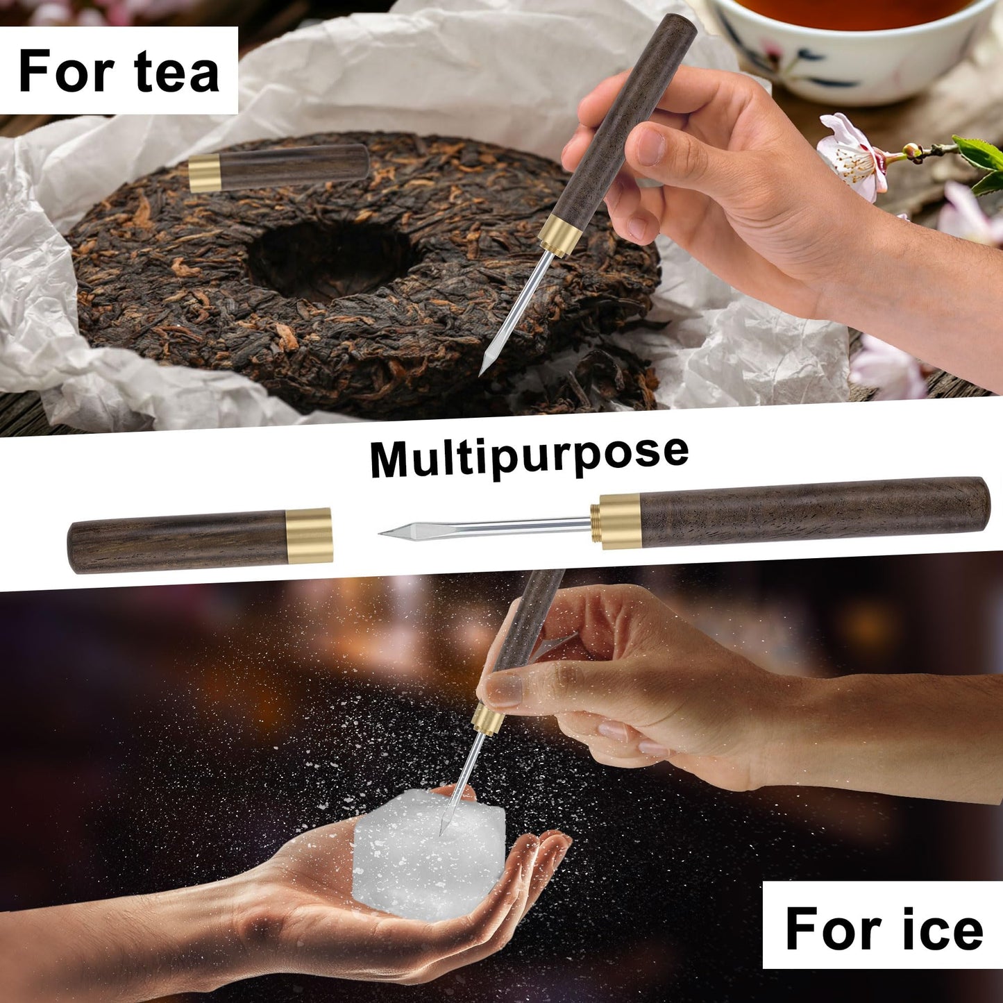 4Pcs Ice Pick Set, Stainless Steel Ice Chipper with Wood Handle, Bartender Kit Ice Crusher with Tong Ideal for Bars, Kitchen and Carving Craft Art