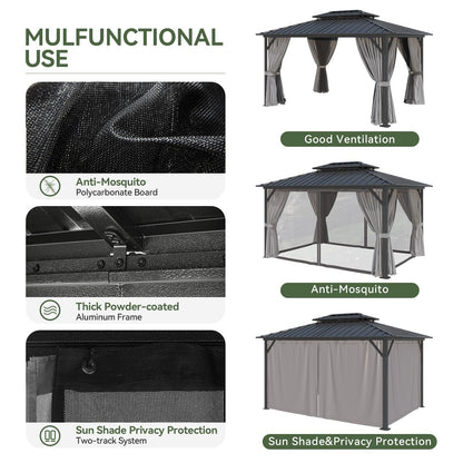 Aoxun 10'x12' Hardtop Gazebo, Aluminum Frame Canopy with Double Galvanized Steel Roof, Outdoor Metal Pavilion with Netting, and LED Outdoor Waterproof Hanging Lights