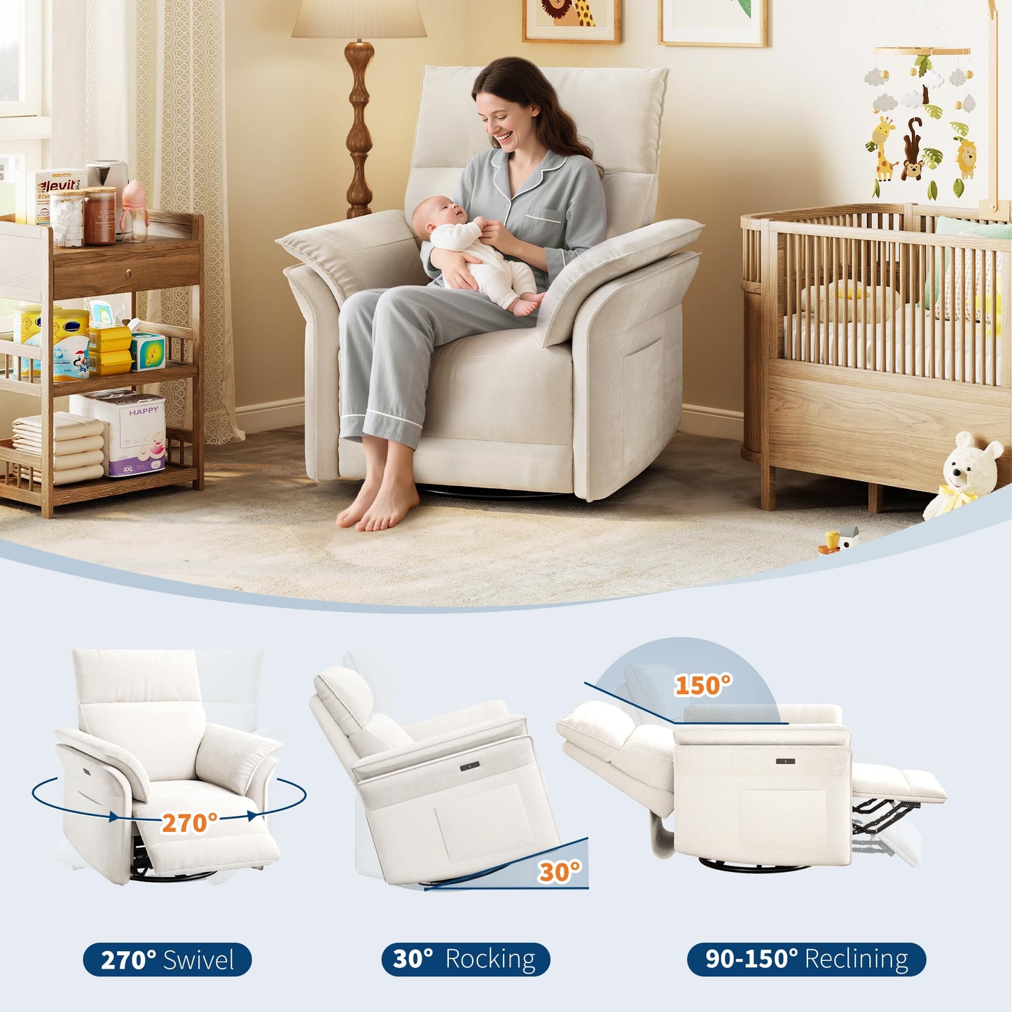 IDEALHOUSE Power Recliner Chair with Side Pockets, 270° Swivel & Glider, USB Charging Port, PU Leather, Thickened Dual-Layer Armrests, Modern Recliner for Living Room, Bedroom (White)