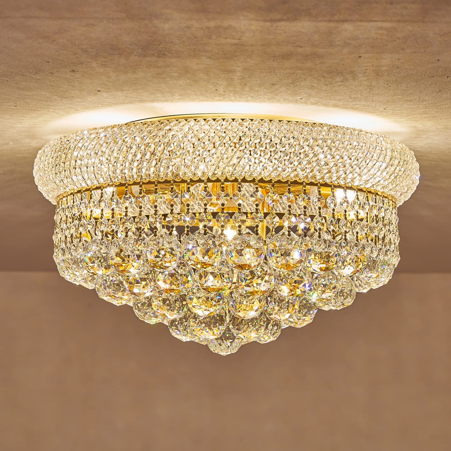 Homeooze 7 - Light Flush Mount Crystal Chandelier for Living Room Dining Room Entryway Hallway Bedroom Foyer Gold Finish