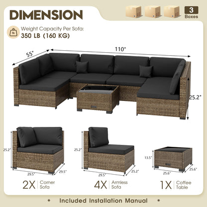 LHBcraft 7 Piece Patio Outdoor Furniture Set, Outdoor Sectional, All-Weather Manual Weaving PE Rattan Wicker Patio Sectional Sofa, Rattan Outside Furniture with Black Cushion and Glass Coffee Table