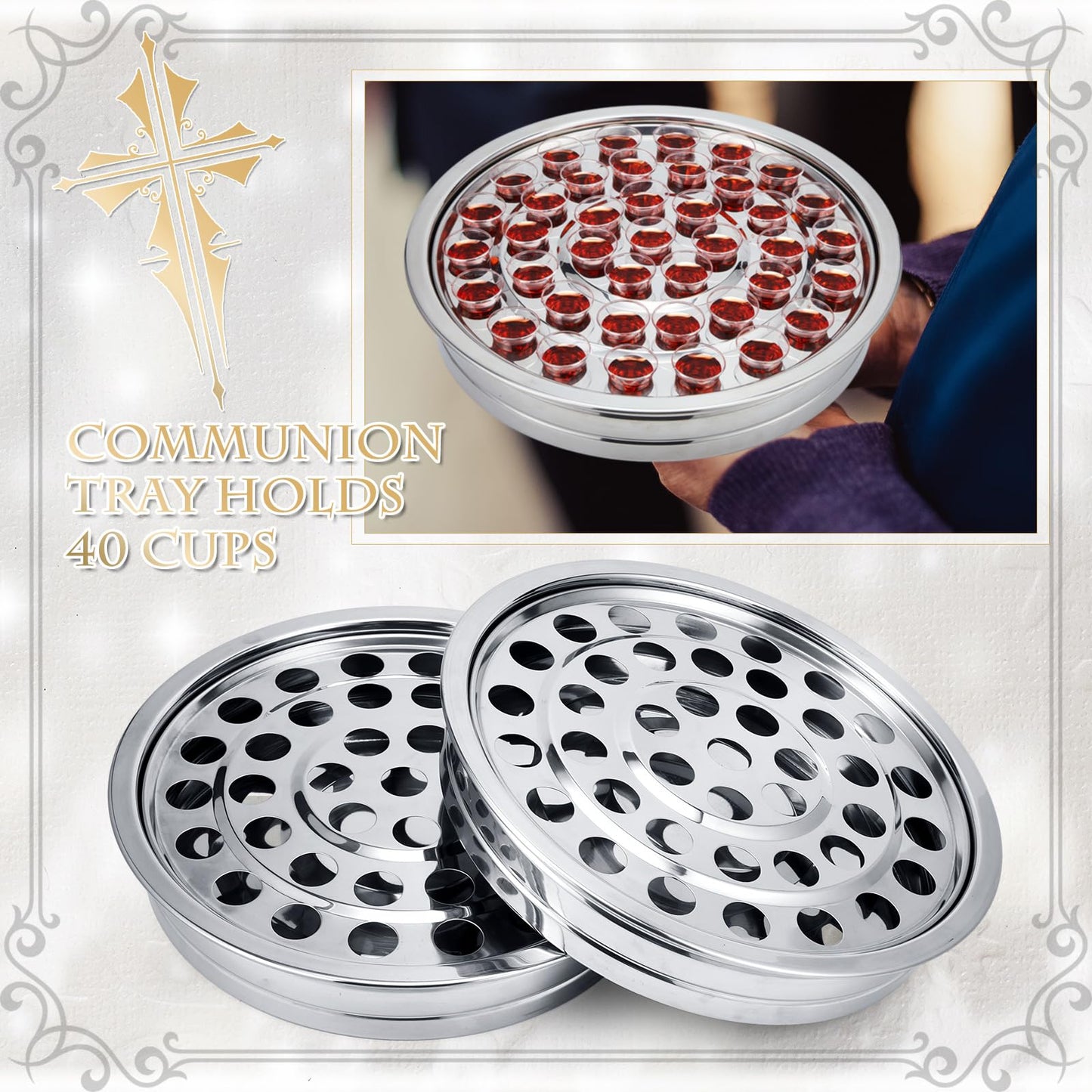 Zhehao 2 Pcs Communion Trays with Disposable Chalices for Church Supplies, Each 40 Holes Communion Supplies Set Stackable Worship Trays for Church Services Weddings & Gatherings (Silver)