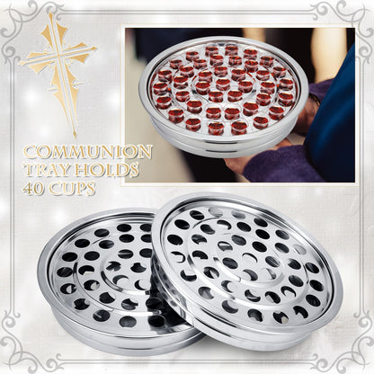 Zhehao 2 Pcs Communion Trays with Disposable Chalices for Church Supplies, Each 40 Holes Communion Supplies Set Stackable Worship Trays for Church Services Weddings & Gatherings (Silver)