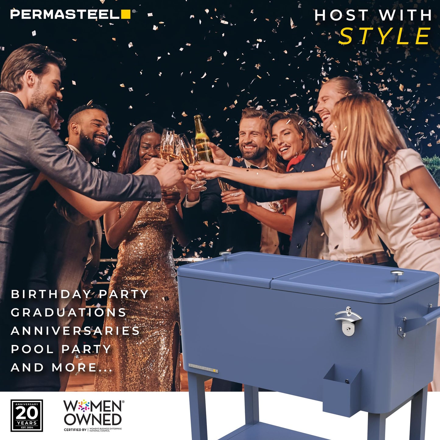 Permasteel Party Cooler with Divider, Removable Basin, Spacious 80-Qt Capacity, Chills 36hrs, Serving Tray, Rolling Ice Chest for Indoor & Outdoor, Matte Blue