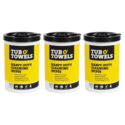 Tub O Towels TW90 Heavy-Duty 10" x 12" Size Multi-Surface Cleaning Wipes, 90 Count Per Canister 3 Pack