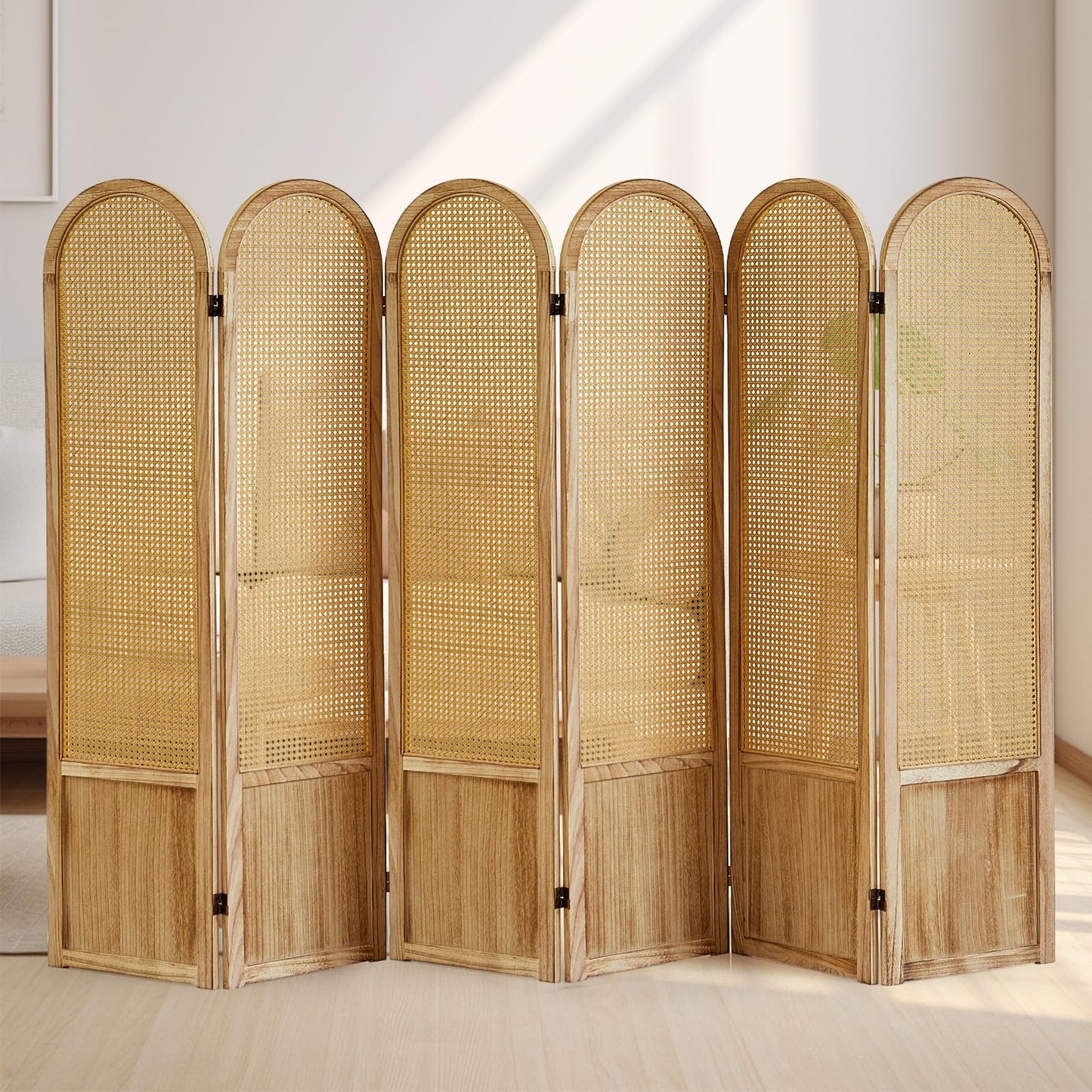 Asnefeli 6 Panels Room Divider, Folding Privacy Screen, Foldable Wood Rattan Room Divider Panel, Portable Partition Screen Wall Divider for Room Separation Bedroom Home Office Garden Terrace (Natural)