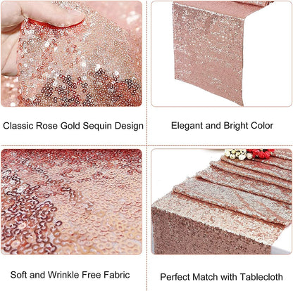 FGSAEOR Rose Gold Tablecloth, 12x108inch Sequins Table Runners and 54x108inch Plastic Table Cloths for Christmas