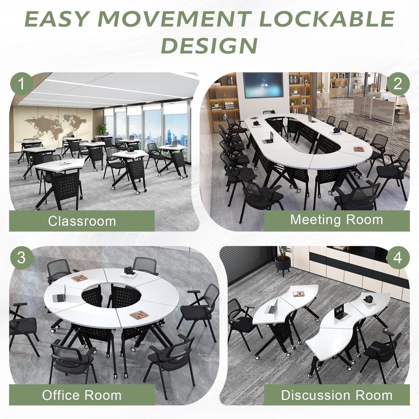 JFazzruit Folding Conference Table,Fan-Shaped Conference Room Tables with Wheels, Mobile Modular Seminar Meeting Desk for Classrooms,Office & Seminar (2, Fan-White)